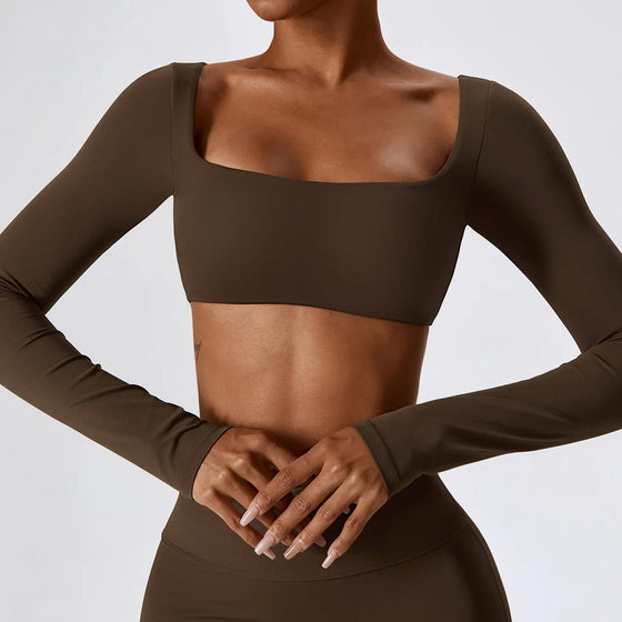 Long-Sleeve Crop Top with Square Neckline and Thumb Holes