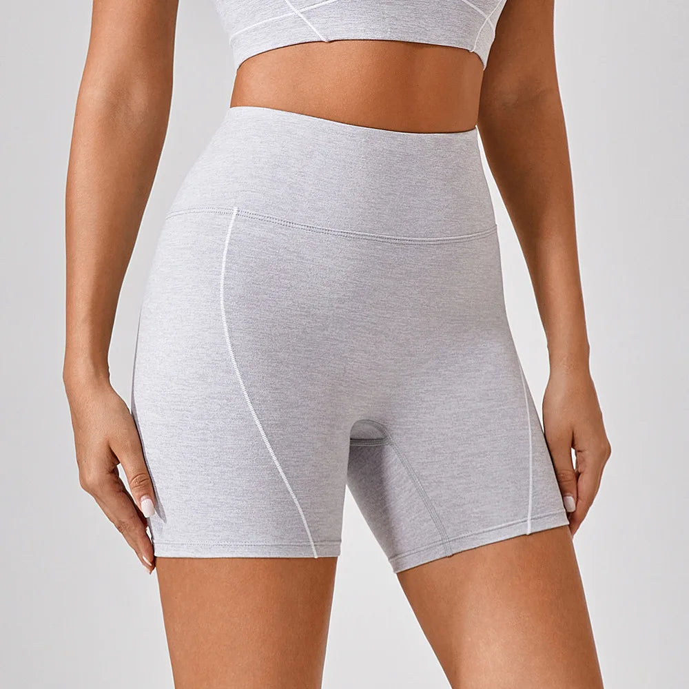 Shorts Sportivi a Vita Alta con Cuciture a Contrasto - Grigio Melange