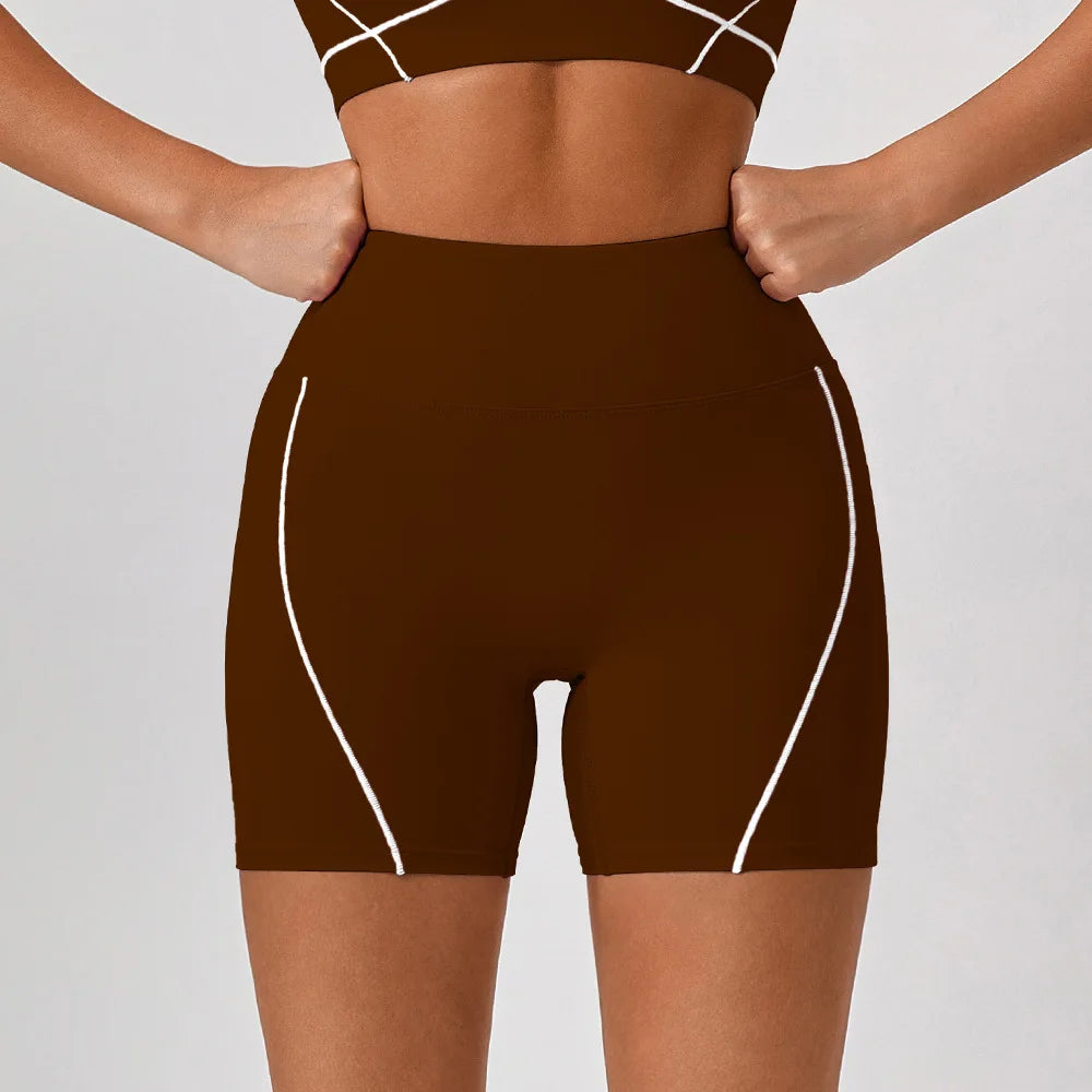Shorts Sportivi a Vita Alta con Cuciture a Contrasto - Marrone Cioccolato