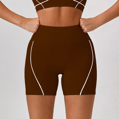 Shorts Sportivi a Vita Alta con Cuciture a Contrasto - Marrone Cioccolato