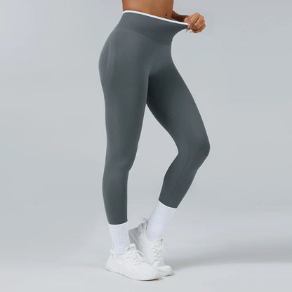 Leggings Vita Alta Senza Cuciture con Effetto Push Up e Bordo a Contrasto - Grigio
