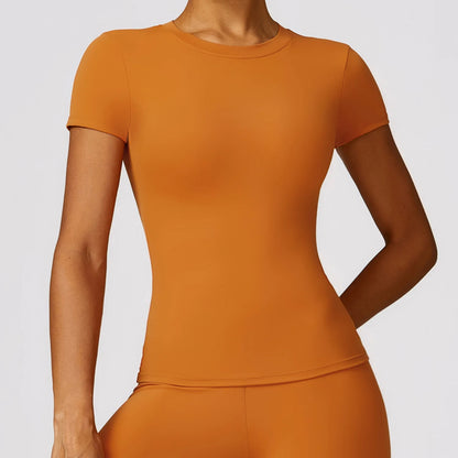 Maglia Aderente a Maniche Corte Girocollo Effetto Seconda Pelle - Arancione Ocra