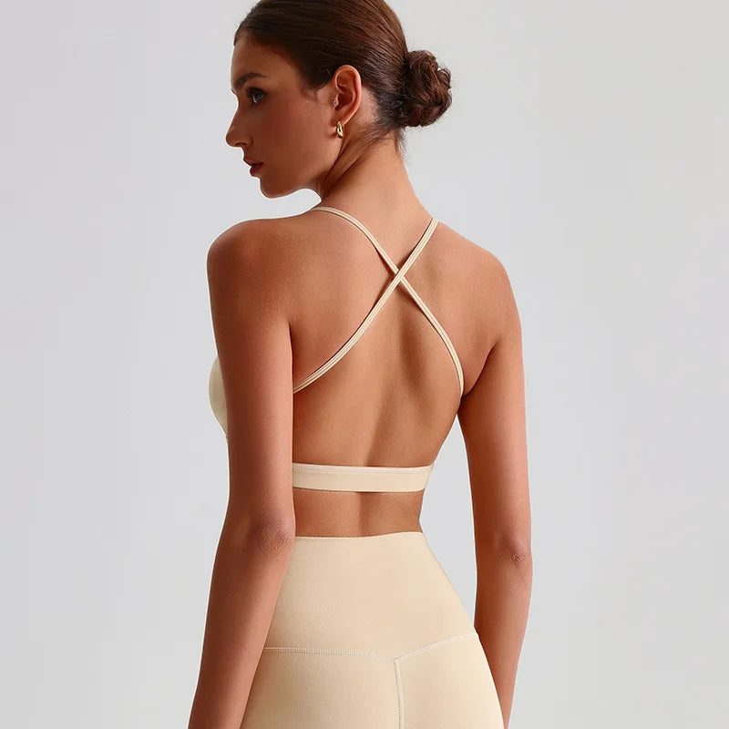 Reggiseno Sportivo con Scollo Quadrato e Spalline Incrociate sulla Schiena - Sabbia