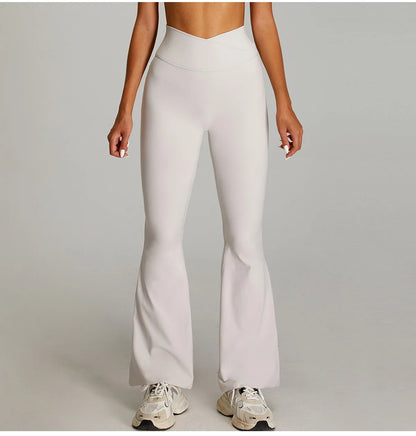 Pantaloni Flare a Vita Alta con Cintura a V Incrociata - Crema