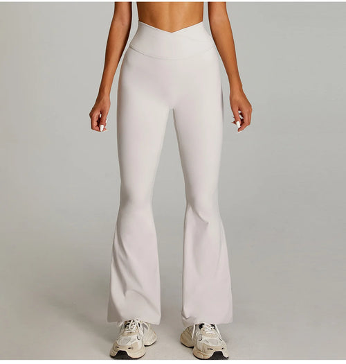 Pantaloni Flare a Vita Alta con Cintura a V Incrociata - Crema