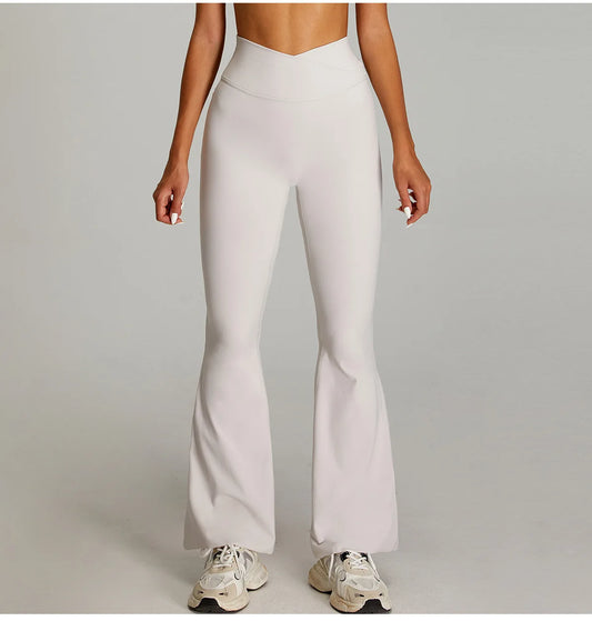 Pantaloni Flare a Vita Alta con Cintura a V Incrociata - Crema