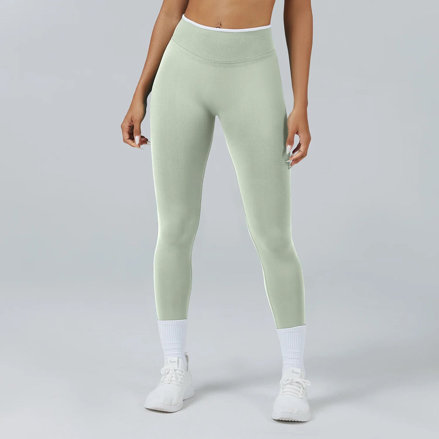 Leggings Vita Alta Senza Cuciture con Effetto Push Up e Bordo a Contrasto - Verde Salvia