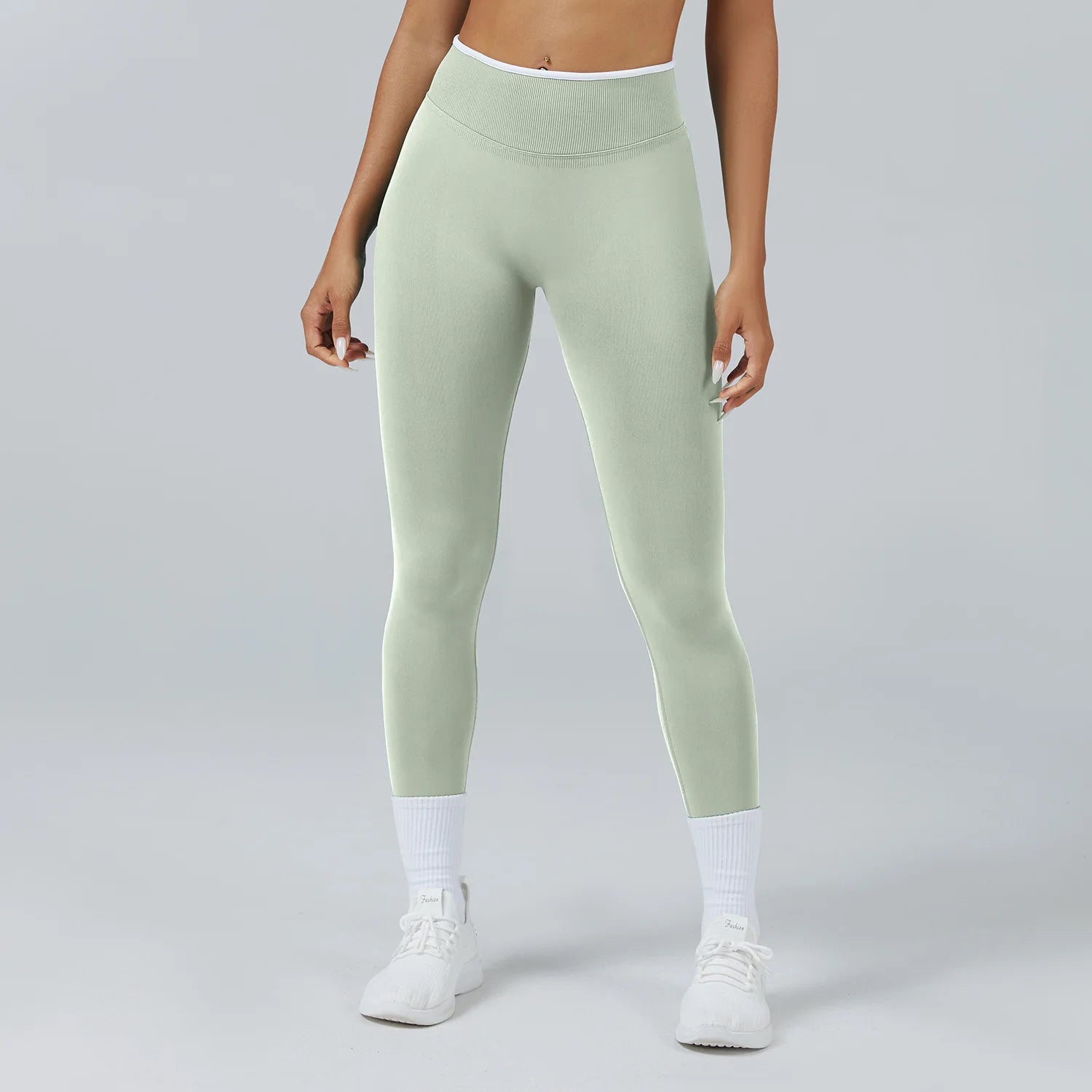 Leggings Vita Alta Senza Cuciture con Effetto Push Up e Bordo a Contrasto - Verde Salvia