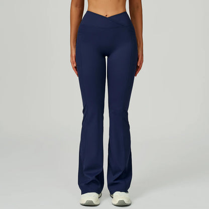Pantaloni a Zampa Vita Alta con Cucitura a V e Tasche Laterali - Blu Navy