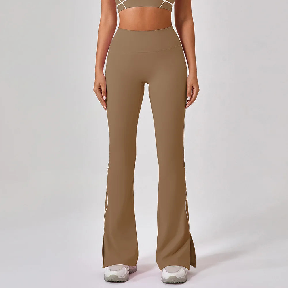 Pantalone a Zampa a Vita Alta con Spacco sul Fondo - Marrone Nocciola