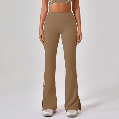 Pantalone a Zampa a Vita Alta con Spacco sul Fondo - Marrone Nocciola