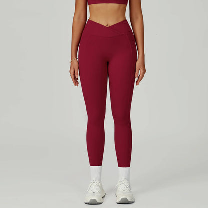 Leggings Vita Alta con Cucitura a V e Tasche Laterali - Bordeaux