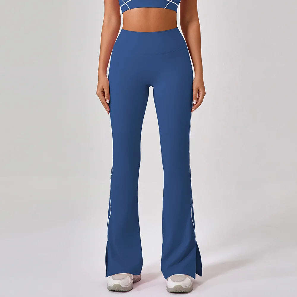 Pantalone a Zampa a Vita Alta con Spacco sul Fondo - Blu Denim