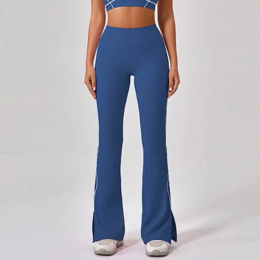 Pantalone a Zampa a Vita Alta con Spacco sul Fondo - Blu Denim