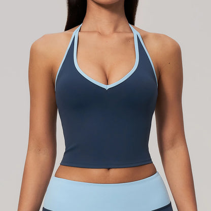 Canotta Halter Crop con Scollo a V e Bordo a Contrasto - Blu Navy con Bordo Celeste