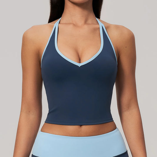 Canotta Halter Crop con Scollo a V e Bordo a Contrasto - Blu Navy con Bordo Celeste