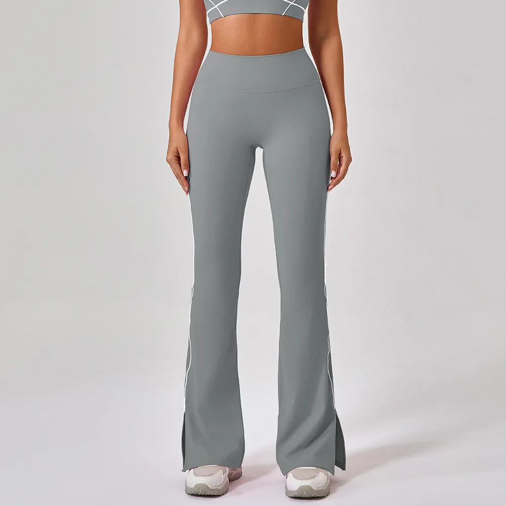 Pantalone a Zampa a Vita Alta con Spacco sul Fondo - Grigio Piombo