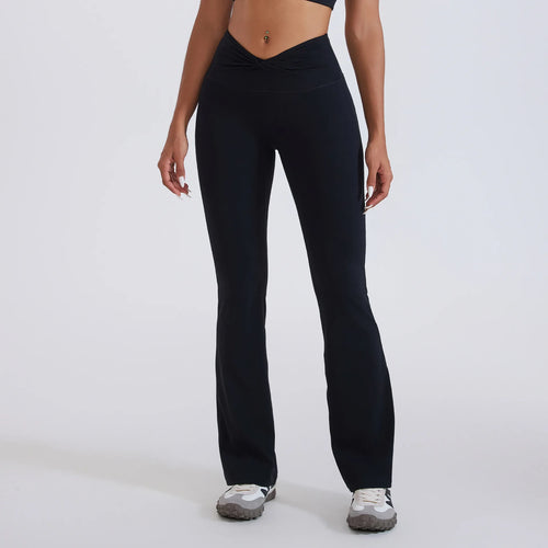 Pantaloni Flare Vita Alta con Nodo a V e Fondo Svasato - Nero