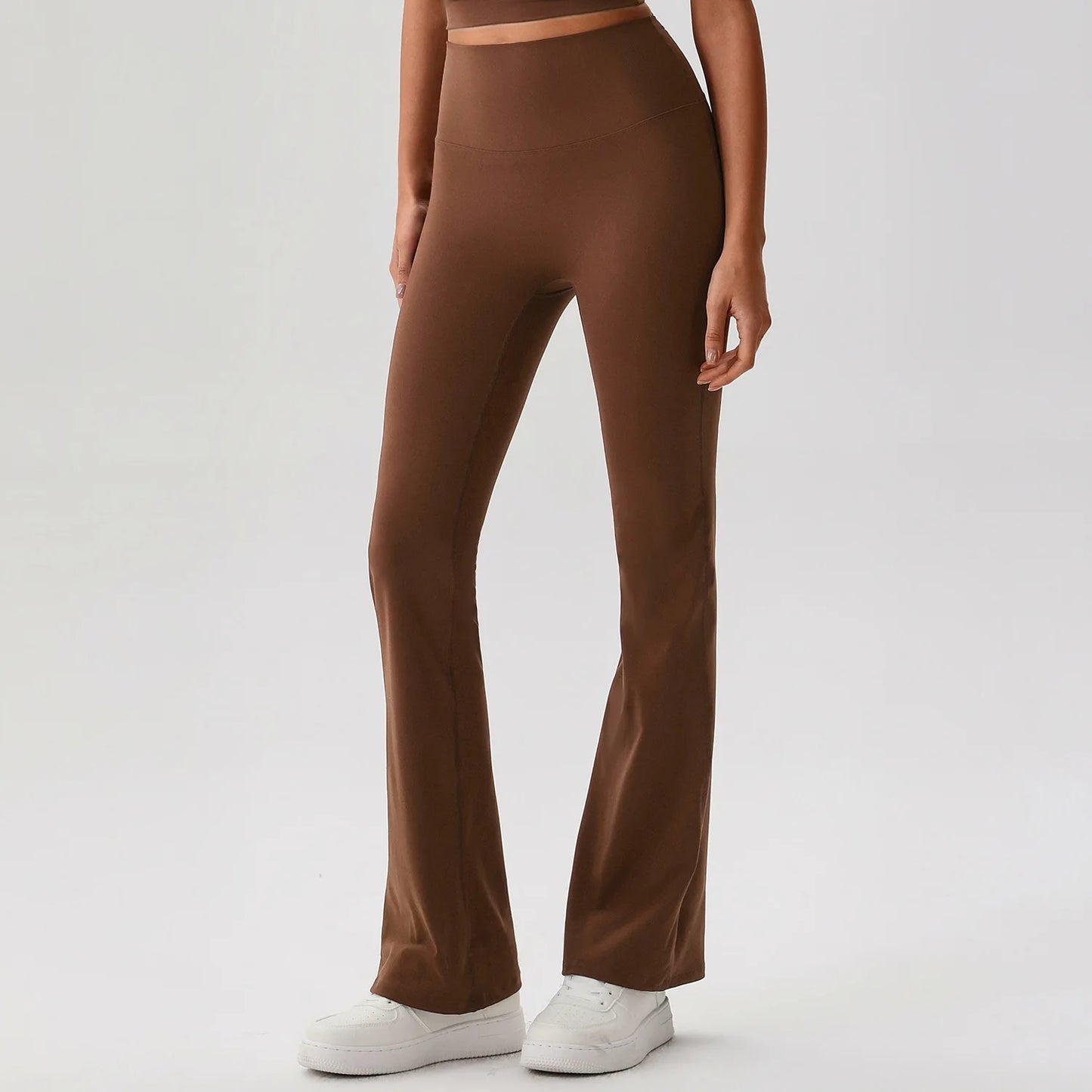 Pantaloni a Zampa Vita Alta con Cucitura a V Posteriore - Cacao