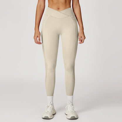 Leggings Vita Alta con Cucitura a V e Tasche Laterali - Crema