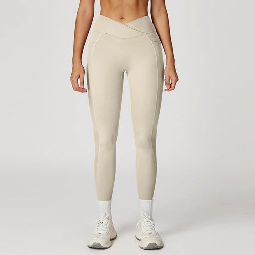 Leggings Vita Alta con Cucitura a V e Tasche Laterali - Crema