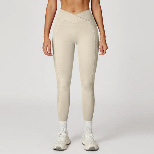 Leggings Vita Alta con Cucitura a V e Tasche Laterali - Crema