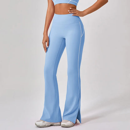 Pantalone a Zampa a Vita Alta con Spacco sul Fondo - Azzurro