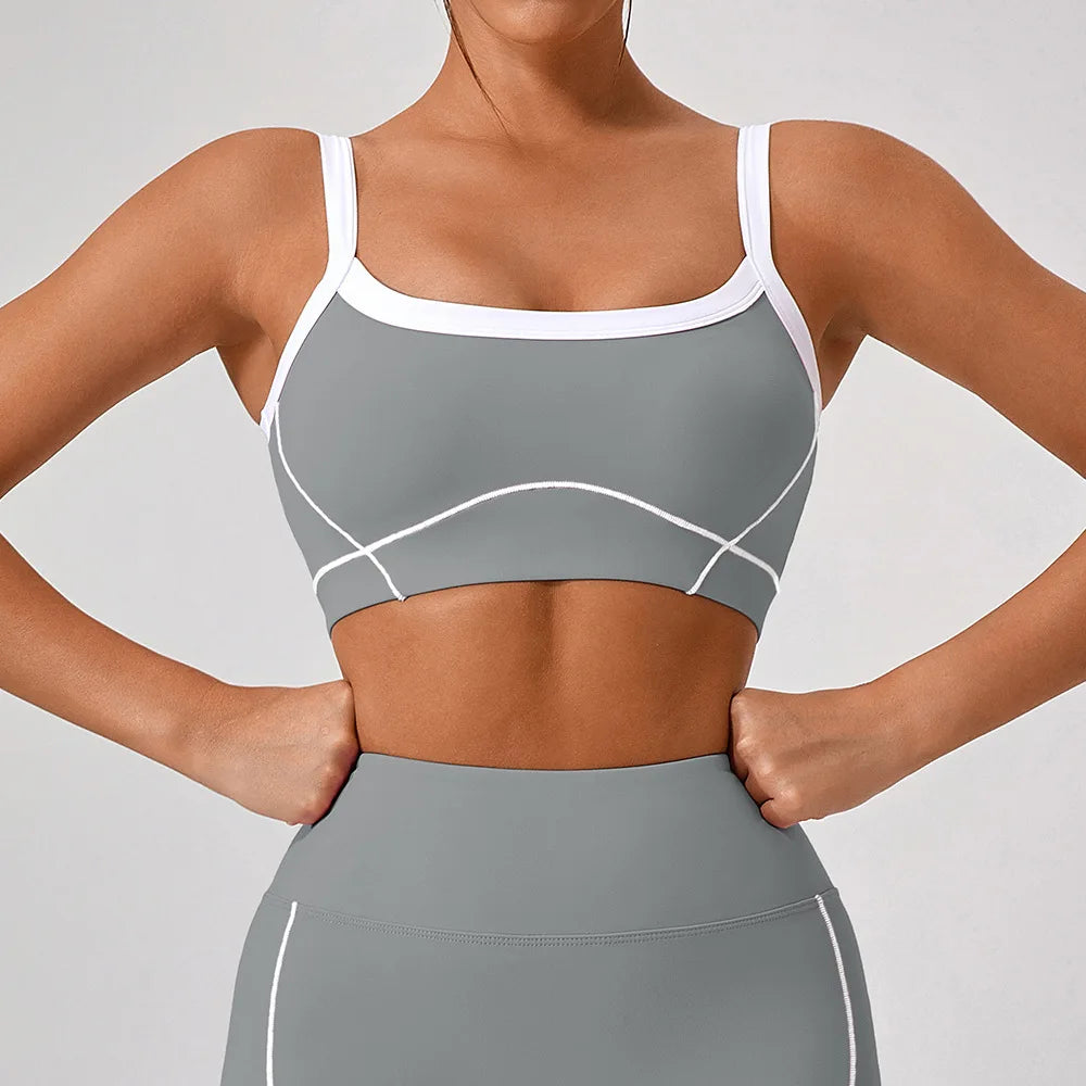 Reggiseno Sportivo con Spalline Sottili e Cuciture a Contrasto - Grigio Piombo