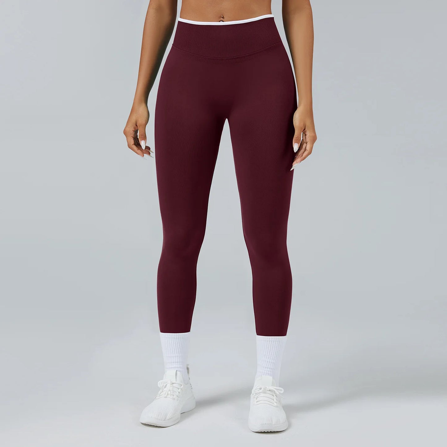 Leggings Vita Alta Senza Cuciture con Effetto Push Up e Bordo a Contrasto - Bordeaux