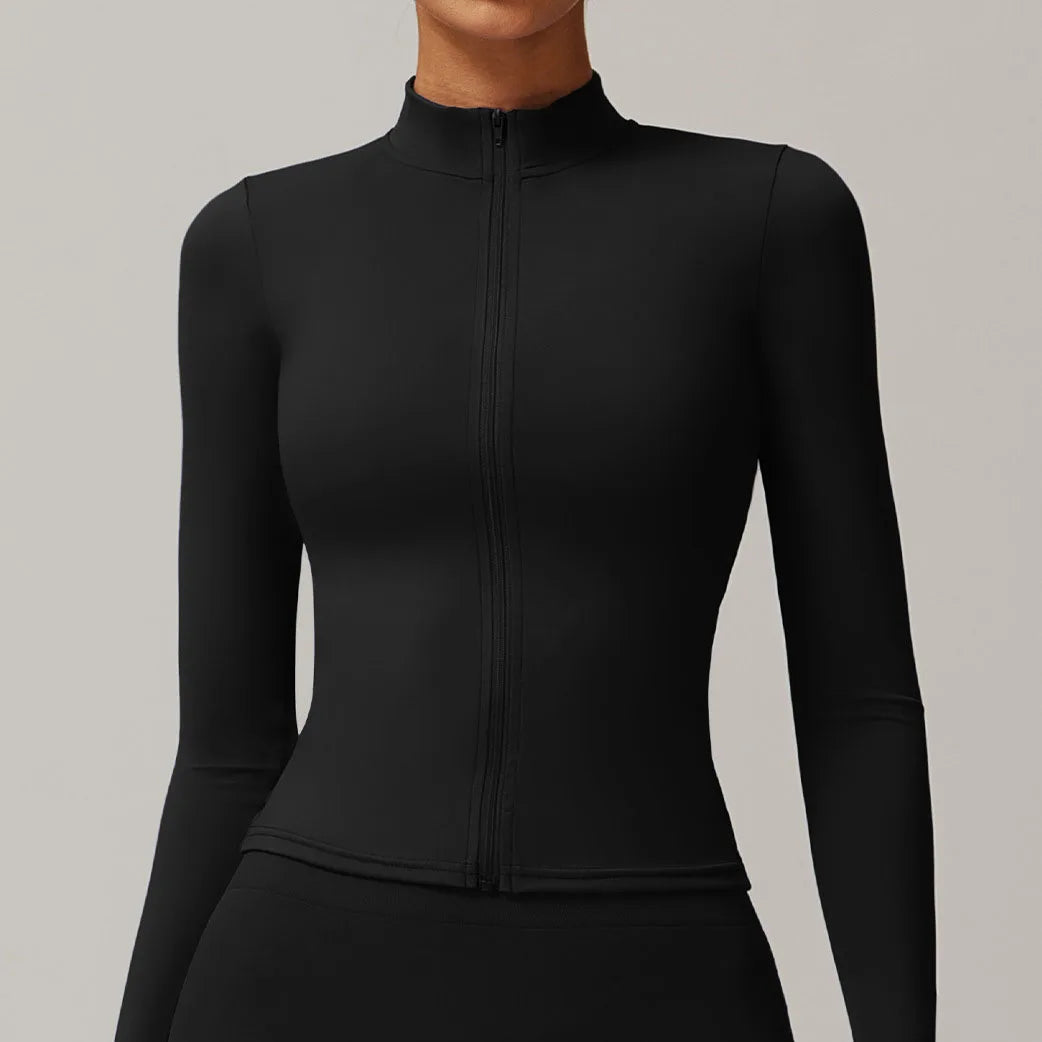 Giacca Sportiva Slim con Zip Integrale, Collo alla Coreana e Fori per il Pollice - Nero