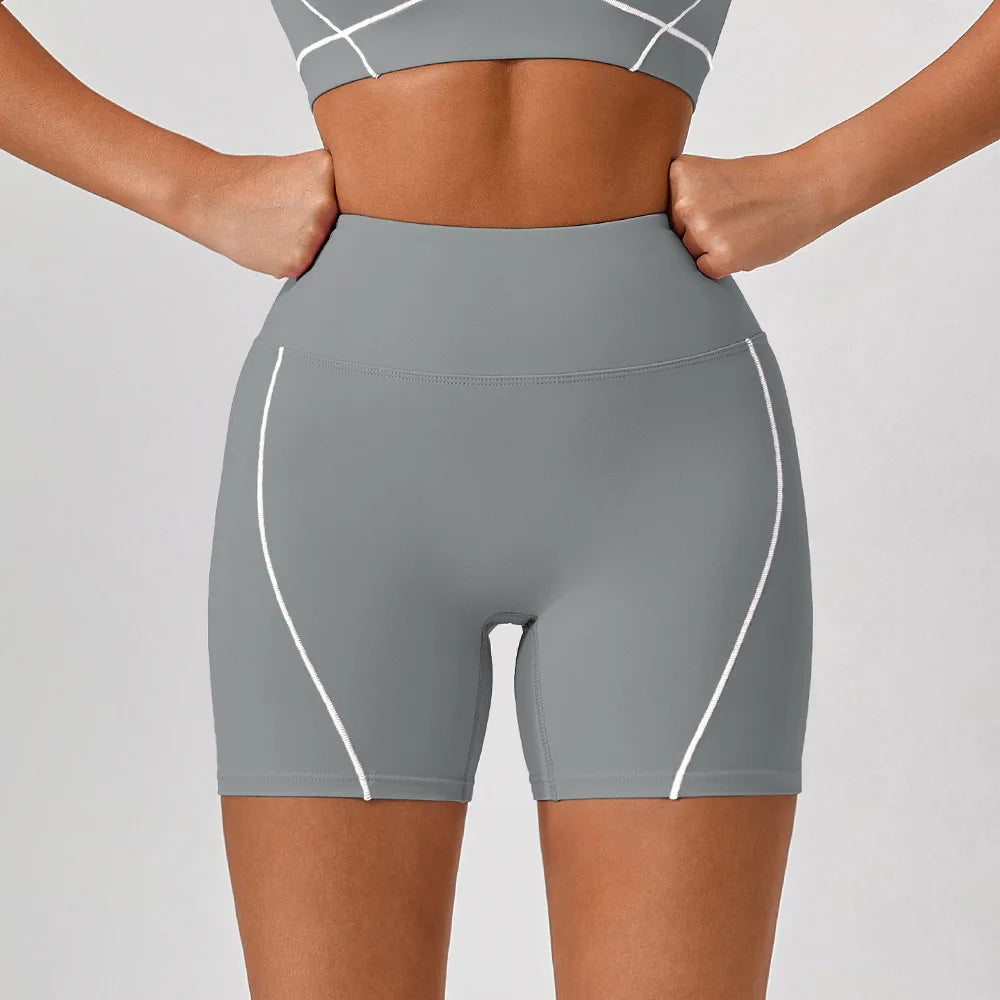 Shorts Sportivi a Vita Alta con Cuciture a Contrasto - Grigio Piombo