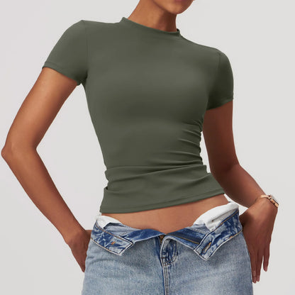 Maglia Aderente a Maniche Corte Girocollo Effetto Seconda Pelle - Verde Militare