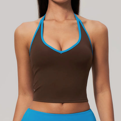 Canotta Halter Crop con Scollo a V e Bordo a Contrasto - Moka con Bordo Azzurro Intenso
