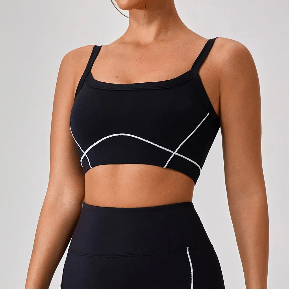 Reggiseno Sportivo con Spalline Sottili e Cuciture a Contrasto - Nero