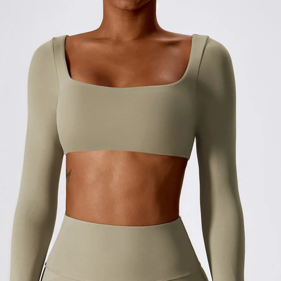 Maglia Crop a Maniche Lunghe con Scollo Quadrato e Fori Pollice - Kaki