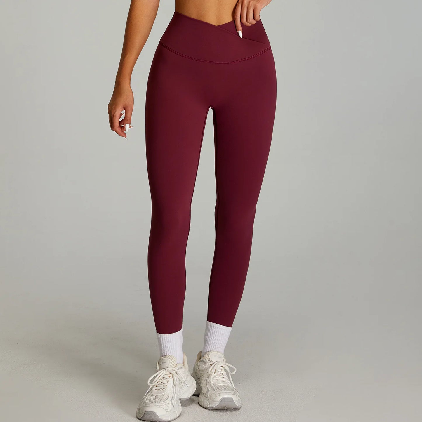 Leggings a Vita Alta con Cintura a V Incrociata - Bordeaux