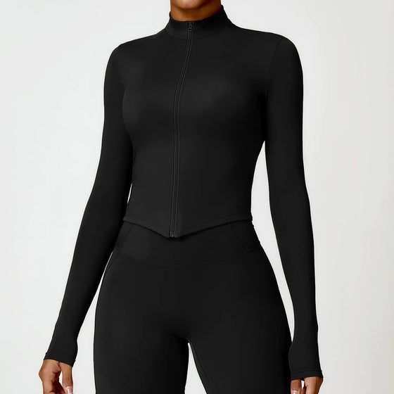 Cropped Full-Zip Jacket with High Collar and Thumbholes