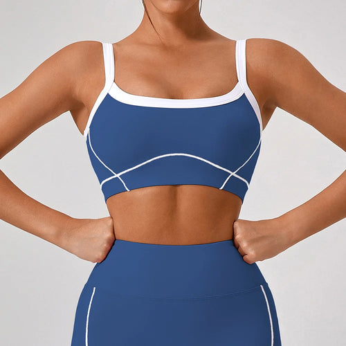 Reggiseno Sportivo con Spalline Sottili e Cuciture a Contrasto - Blu Denim