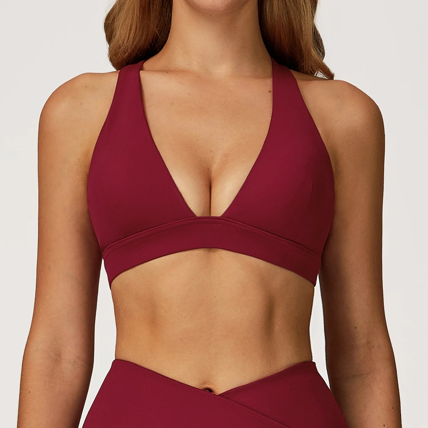 Reggiseno Sportivo con Scollo a V Profondo e Fascia Sottoseno - Bordeaux