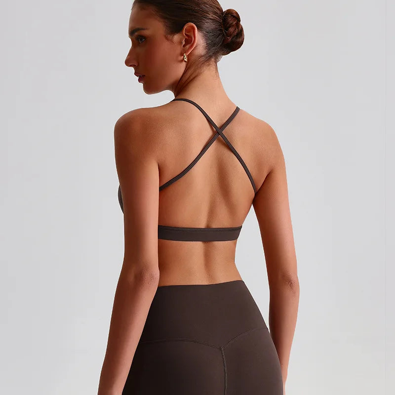 Reggiseno Sportivo con Scollo Quadrato e Spalline Incrociate sulla Schiena - Marrone Cioccolato