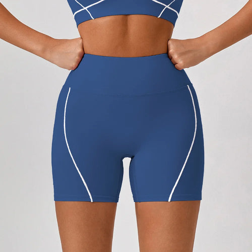 Shorts Sportivi a Vita Alta con Cuciture a Contrasto - Blu Denim