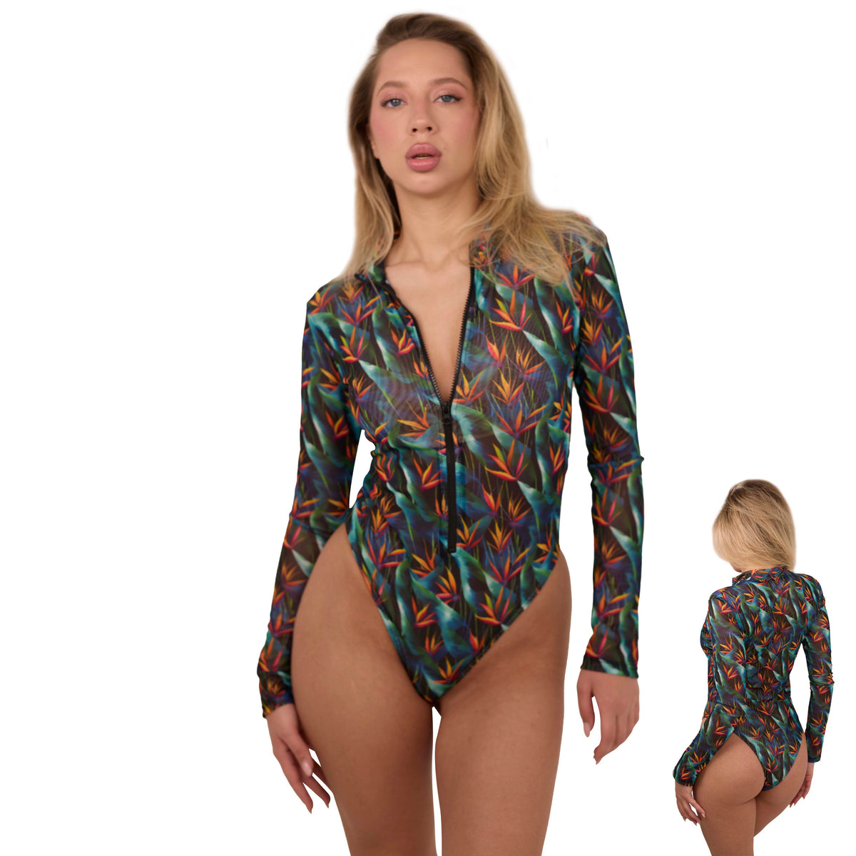Juna: fronte e retro del costume intero manica lunga con zip frontale