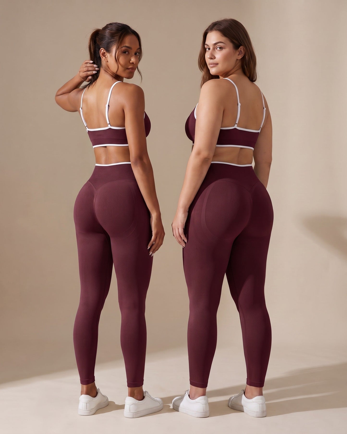 Leggings Push-Up Sculptline Edge Castagna indossato da due donne con corporature diverse