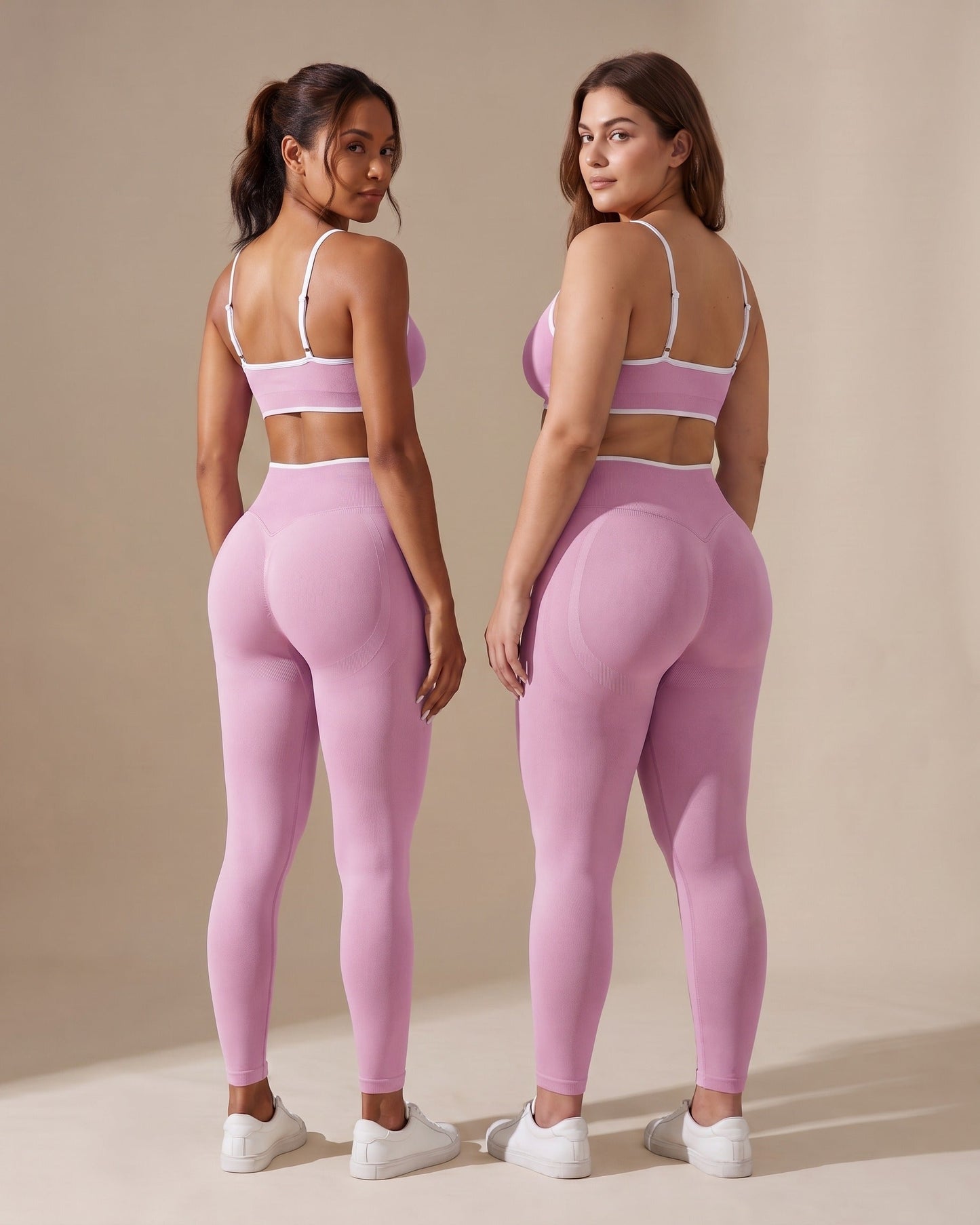 Leggings Push-Up Sculptline Edge Rosa Orchidea indossato da due donne con corporature diverse