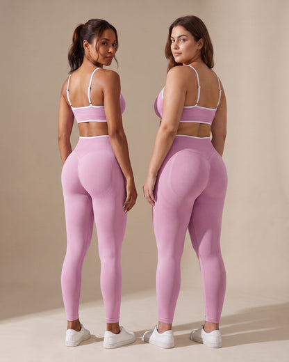 Leggings Push-Up Sculptline Edge Rosa Orchidea indossato da due donne con corporature diverse