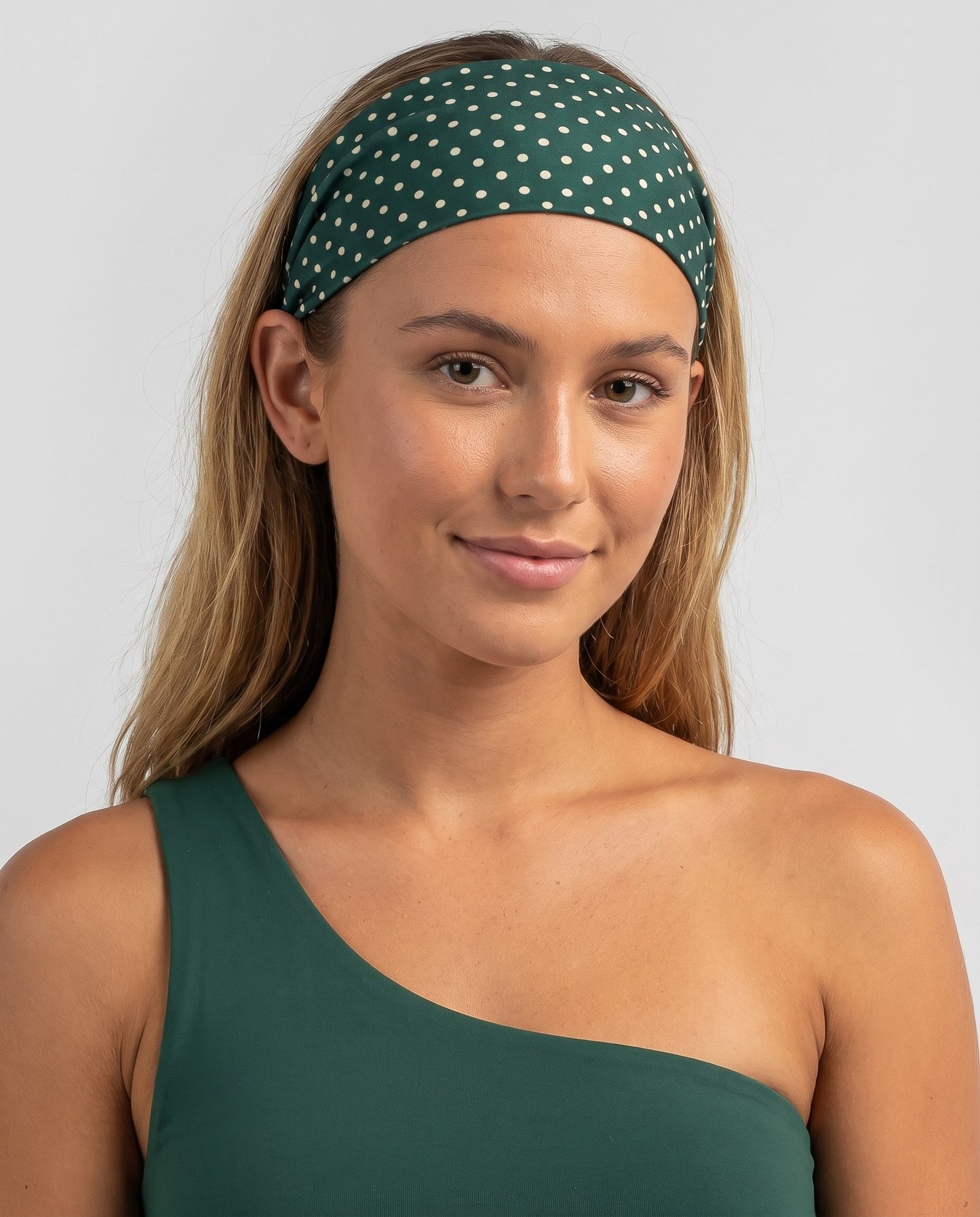Fascia per capelli a pois verde bosco con pois crema