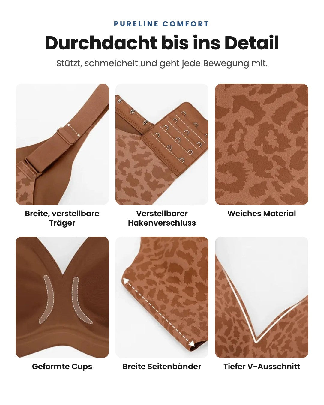 Pureline Comfort BH: die Details — breite verstellbare Träger, Hakenverschluss, weiches Material, geformte Cups, breite Seitenbänder, V-Ausschnitt
