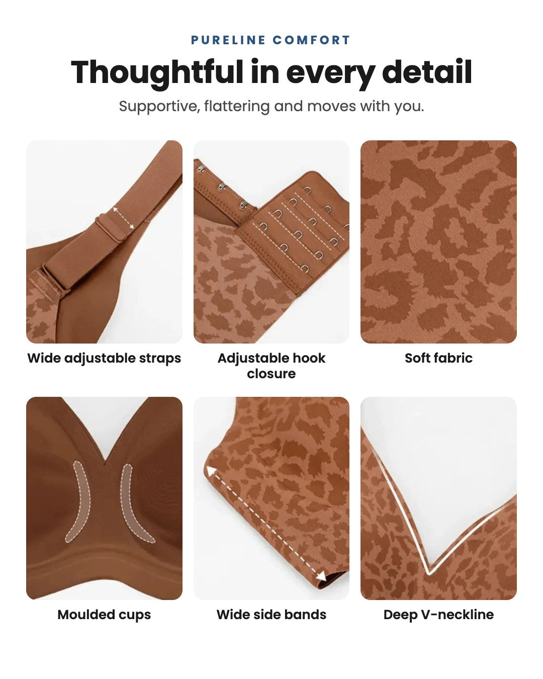Pureline Comfort bra details — wide adjustable straps, hook closure, soft fabric, moulded cups, wide side bands, V-neckline