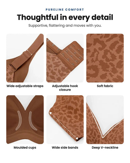 Pureline Comfort bra details — wide adjustable straps, hook closure, soft fabric, moulded cups, wide side bands, V-neckline