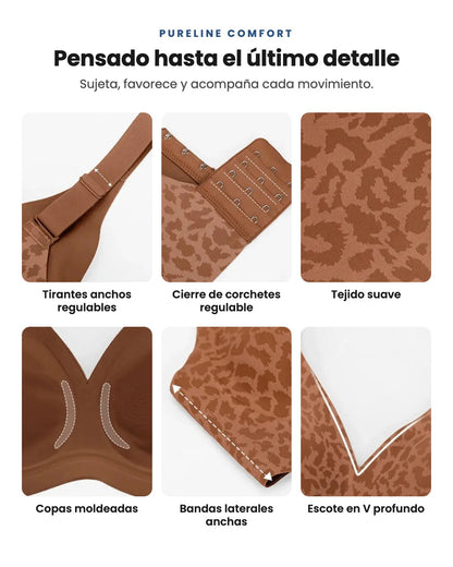 Sujetador Pureline Comfort: los detalles — tirantes anchos regulables, cierre de corchetes, tejido suave, copas moldeadas, bandas laterales anchas, escote en V